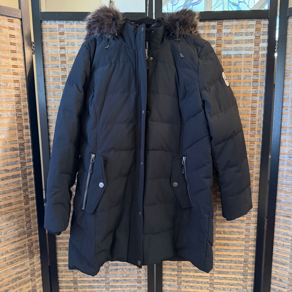 Arctic Expedition Parka Women Large Black Down Faux Fur Hood Winter Puffer Coat